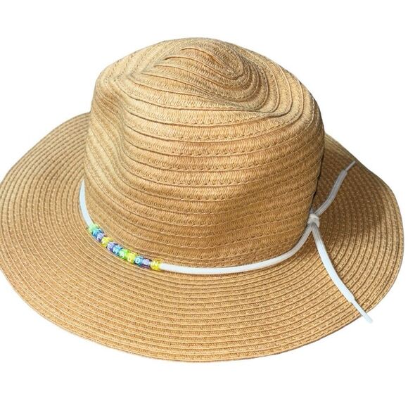 Steve Madden women’s paper yarn sun hat brown beaded logo - Picture 1 of 5